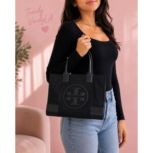 Tory Burch Ella Tote Women's Black Good Nylon Stacked Logo Bag